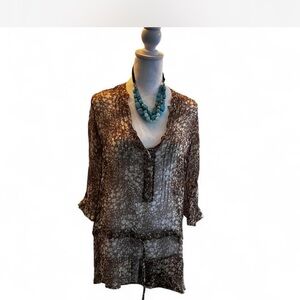 High End French Designer Gerard Darel Sheer Brown Floral-Print V-Neck Tunic